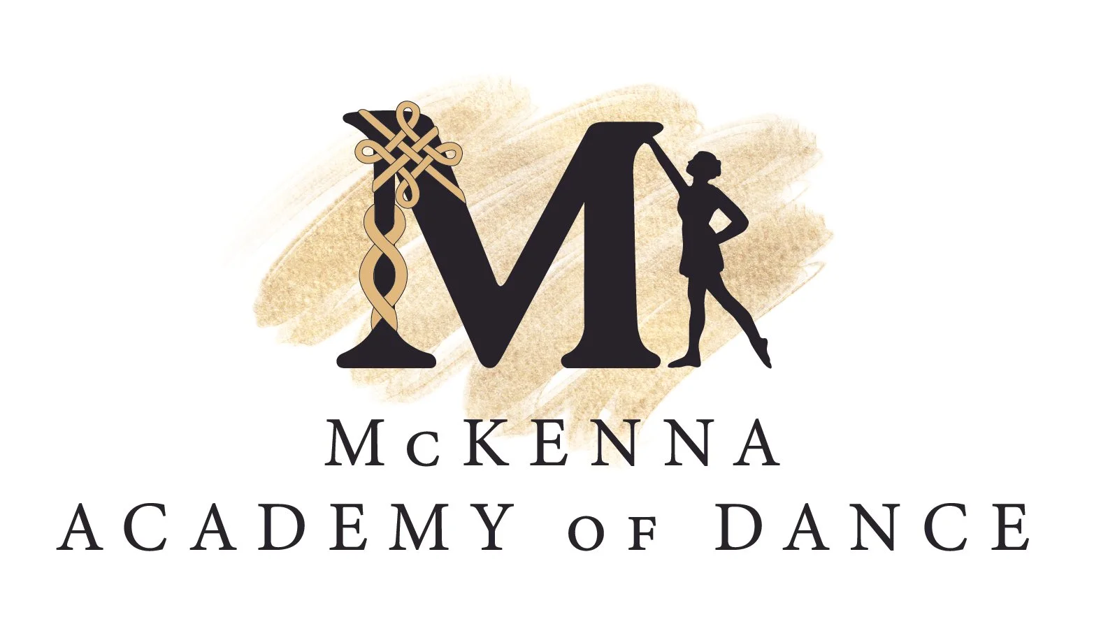 The logo for McKenna Academy of Dance featuring a large black 'M' with a silhouette of a woman in a ballet pose on the right side and a decorative knot on the left side, with the name 'McKenna Academy of Dance' below.