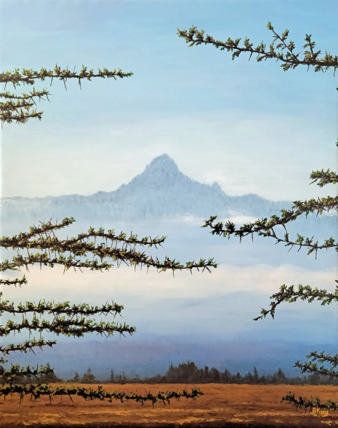 A landscape painting of a mountain with a flat top, seen through tree branches with needle-like leaves and small buds, against a sky with light clouds.
