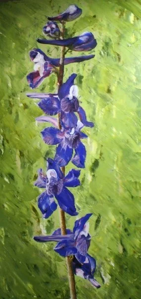 A vertical painting of a blue flower stem with multiple blue flowers and buds against a green background.
