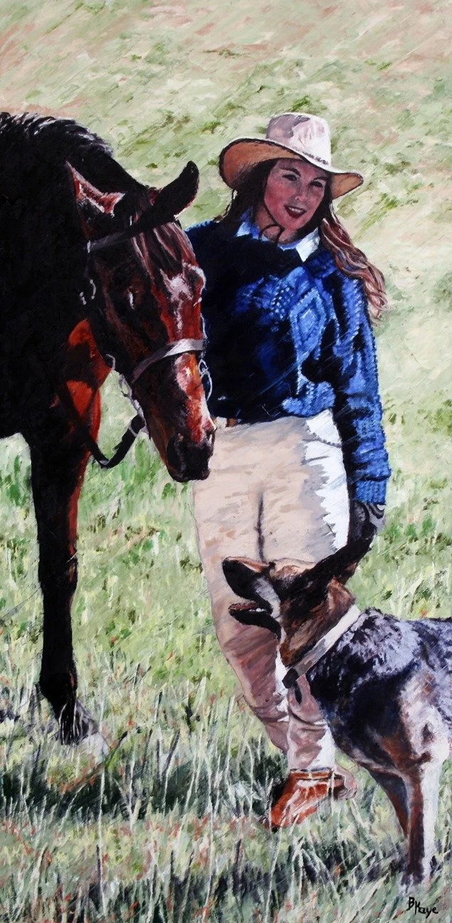 Illustration of a woman in a cowboy hat smiling, standing next to a brown and white horse, and a dog sitting nearby outdoors on grass.