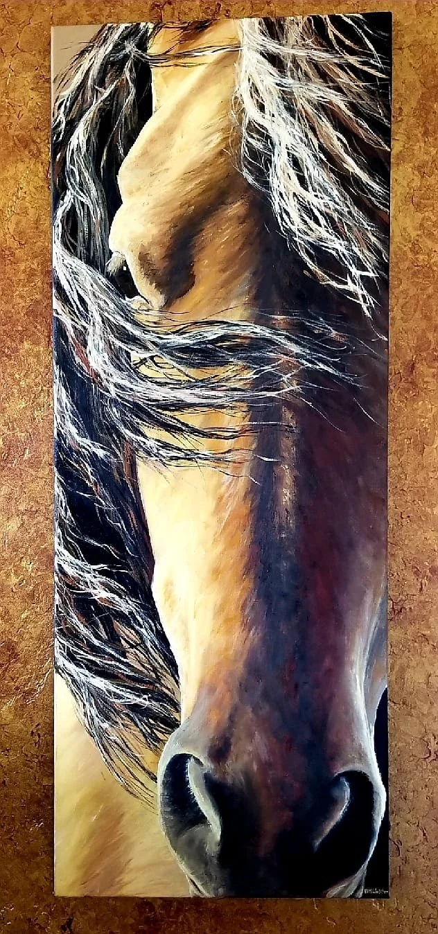 Close-up of a horse's face with flowing mane, painted in realistic style.