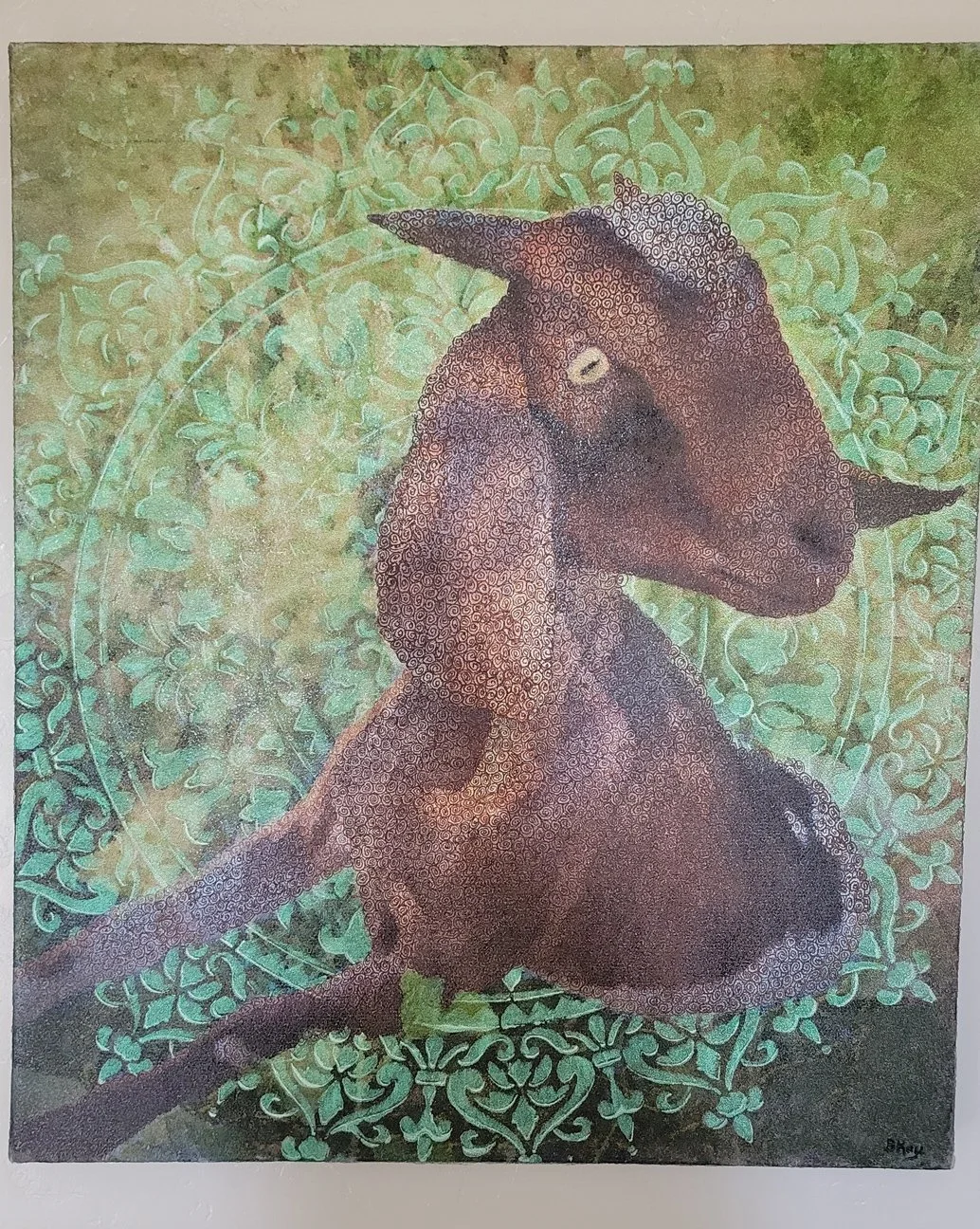 A stylized painting of a dog with a long nose and floppy ears, sitting on an ornate green background with intricate patterns.
