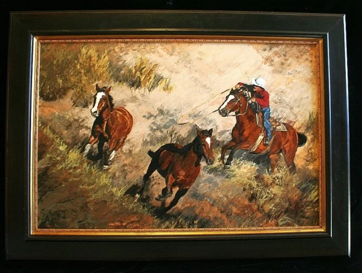 Painting of a cowboy riding a horse and herding two smaller horses through a grassy landscape.