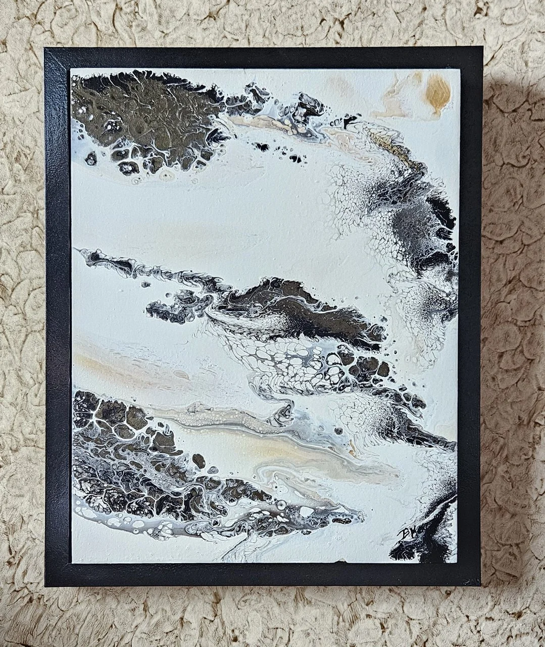 Abstract black and white fluid art painting with swirling patterns, cells, and textures framed in black.