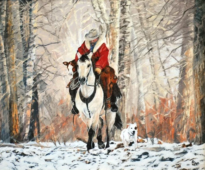 A cowboy riding a white horse through a snow-covered forest with a happy white dog running alongside.