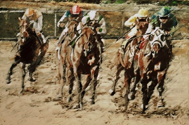 A painting of a horse race with five horses and jockeys competing on a dirt track.