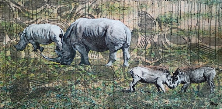Painting of two hippos and two young elephants in a natural habitat, with trees and foliage in the background.