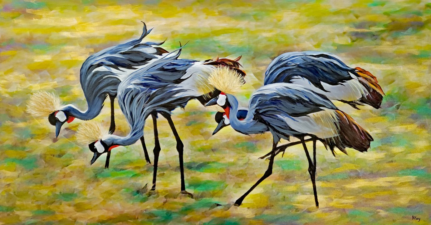 Painting of five cranes with yellow crests standing on a grassy field.
