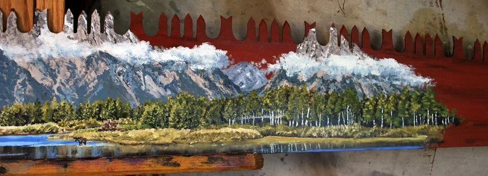 A painted landscape scene featuring mountains with snow, a dense forest in front, and a body of water in the foreground.