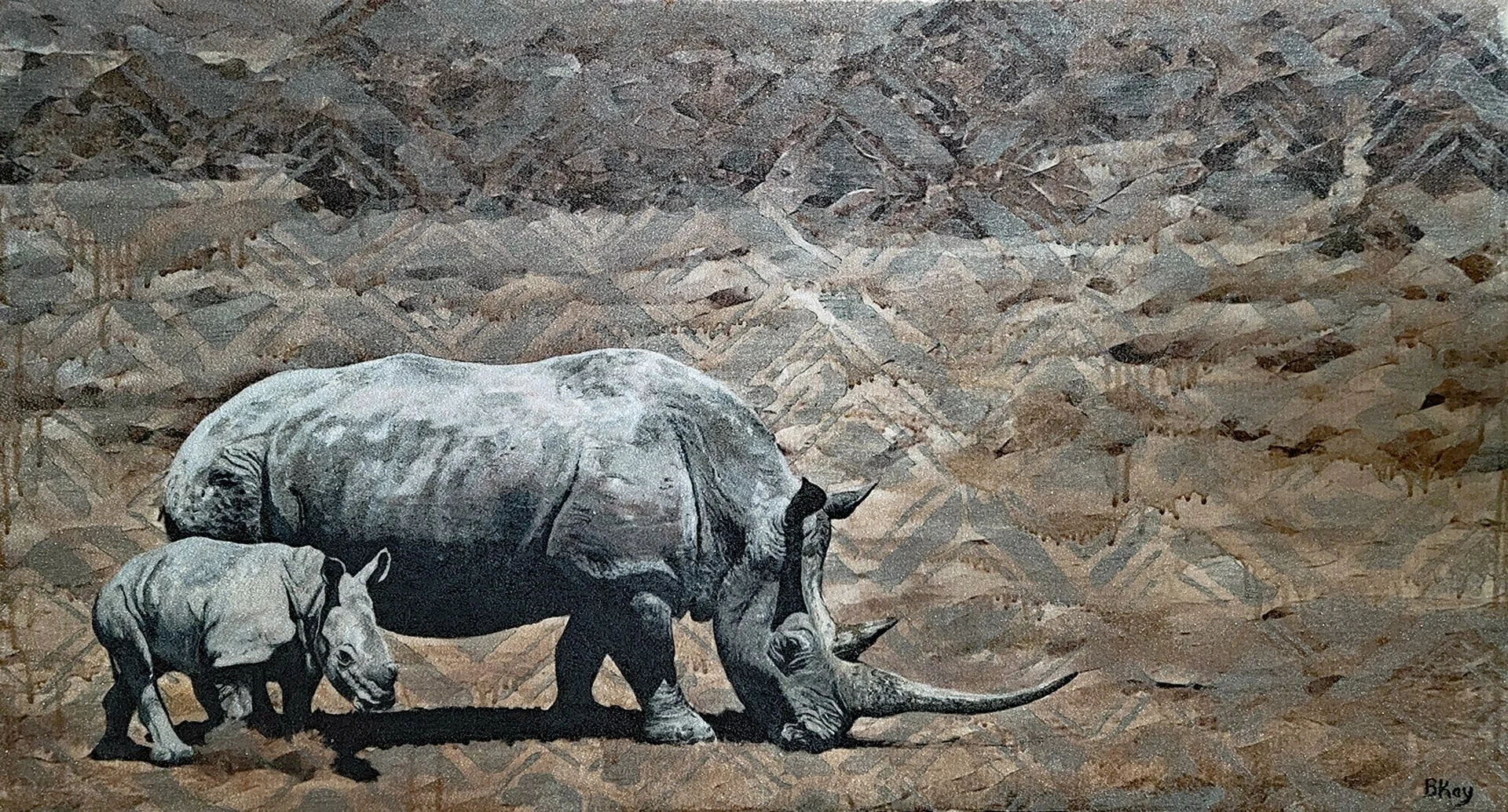Painting of a rhinoceros and a baby rhinoceros walking on a textured, patterned background.