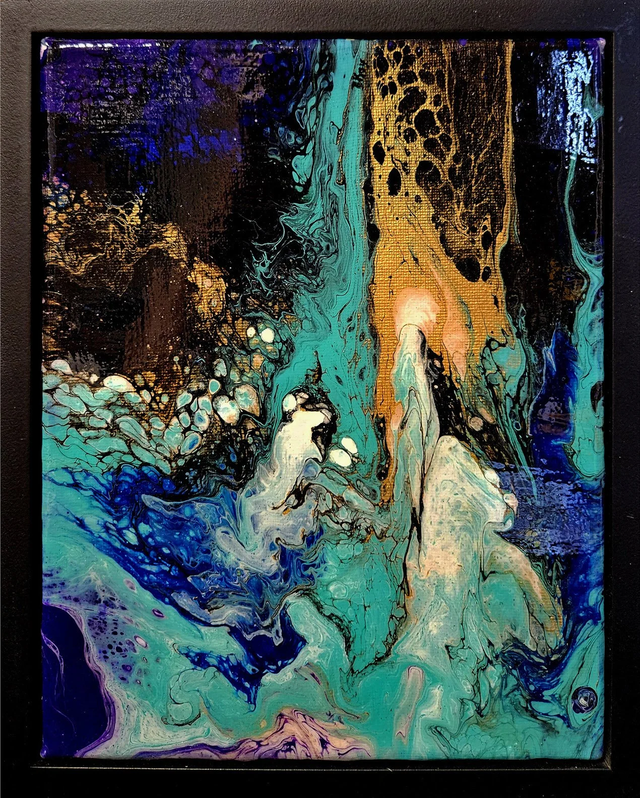 Abstract painting with swirling colors of black, purple, turquoise, gold, white, and blue.