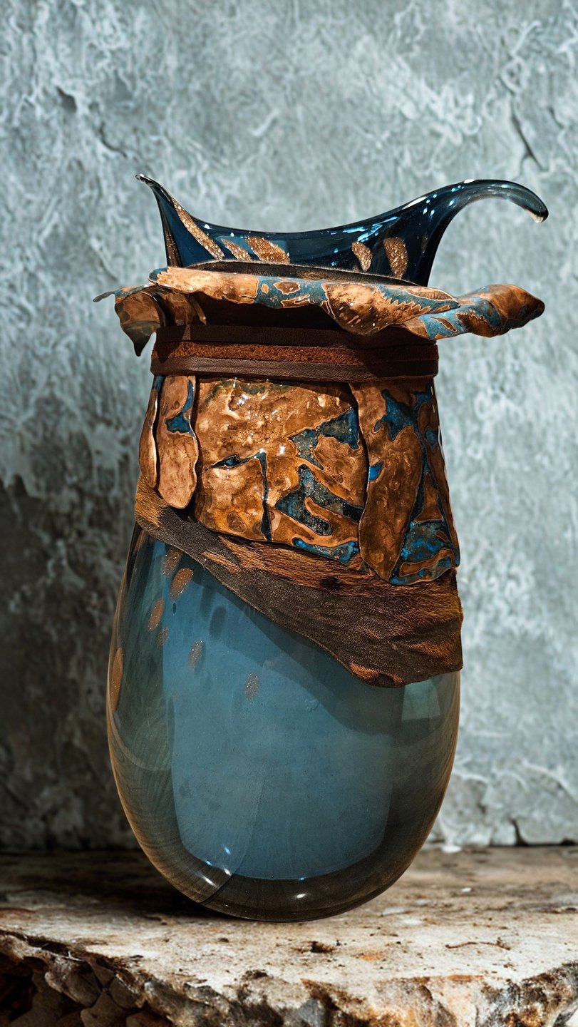 A decorative glass vase with a layered design featuring blue and brown textured accents on the upper part, placed on a wooden surface against a textured gray background.