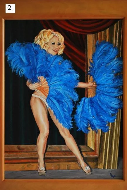 Painting of a woman on stage wearing revealing lingerie and large blue feathered costume pieces, standing in front of a curtain.