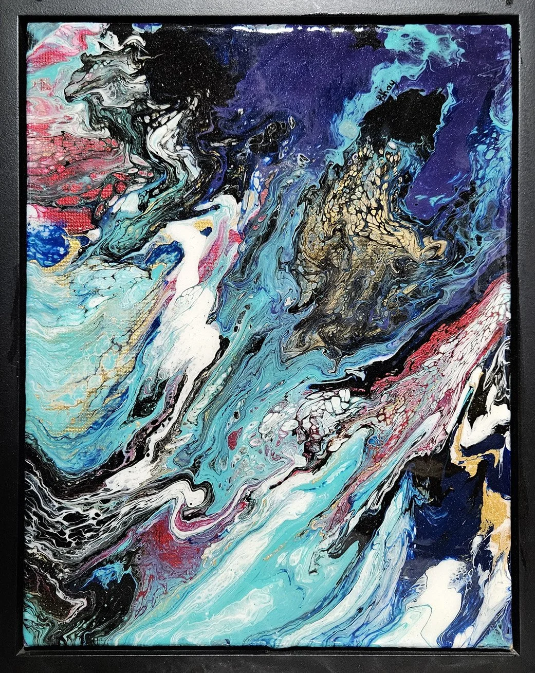 Abstract swirl painting with black, white, blue, red, and gold colors.