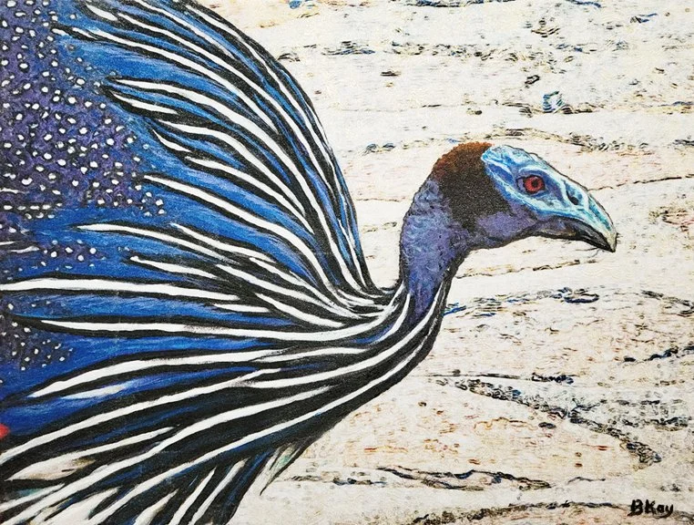 Painting of a bird with black, white, and blue striped feathers, a distinctive head with blue markings around the eyes, set against a wooden background.