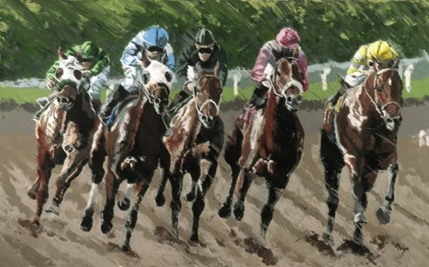 Horse race with six horses and jockeys in colorful uniforms racing on a dirt track.
