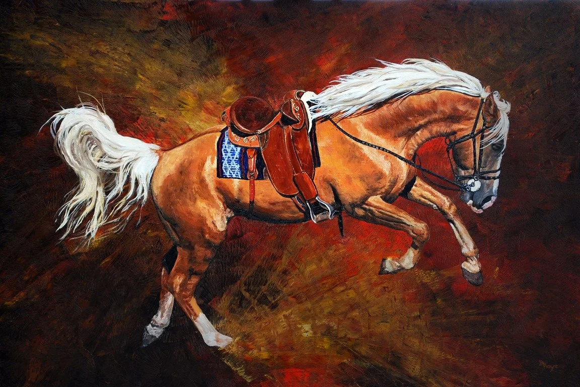 Painting of a galloping light brown horse with a white mane, saddle, and bridle against a dark red and orange abstract background.