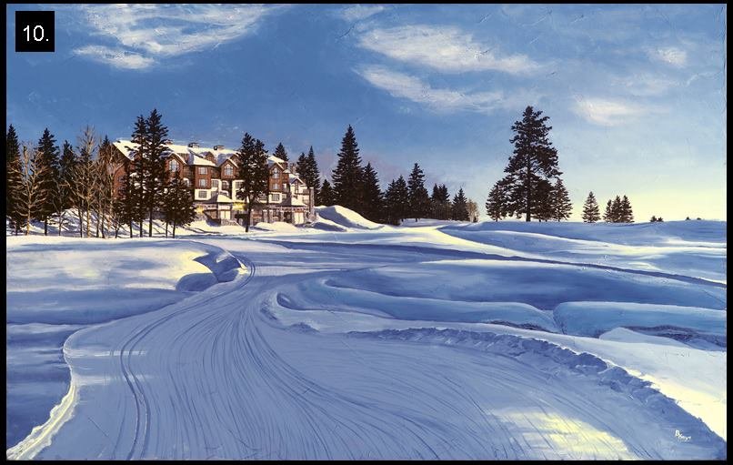 Snow-covered landscape with a winding ski trail leading to a large house among pine trees, under a partly cloudy sky.