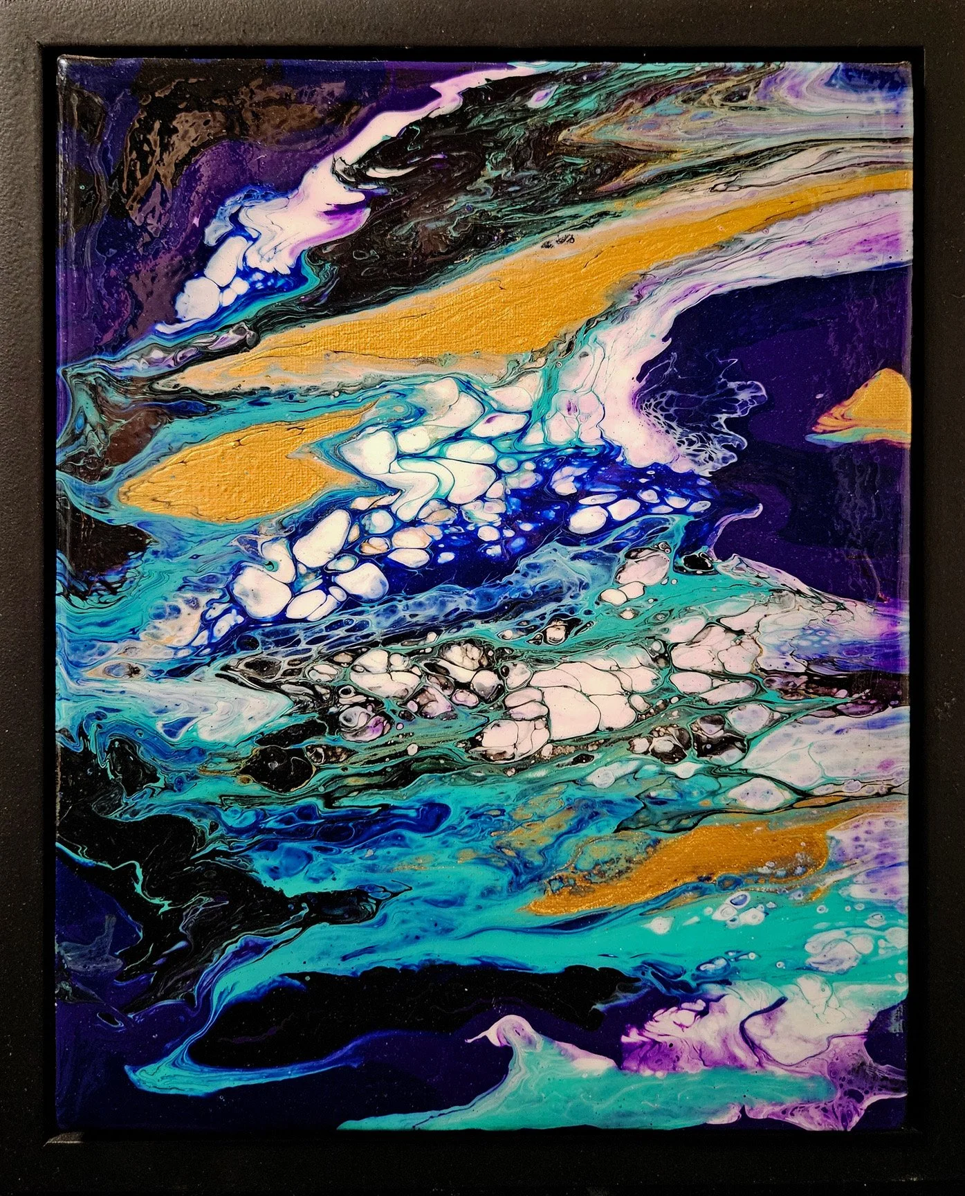 Abstract painting with swirling patterns of black, purple, blue, white, gold, and teal colors.