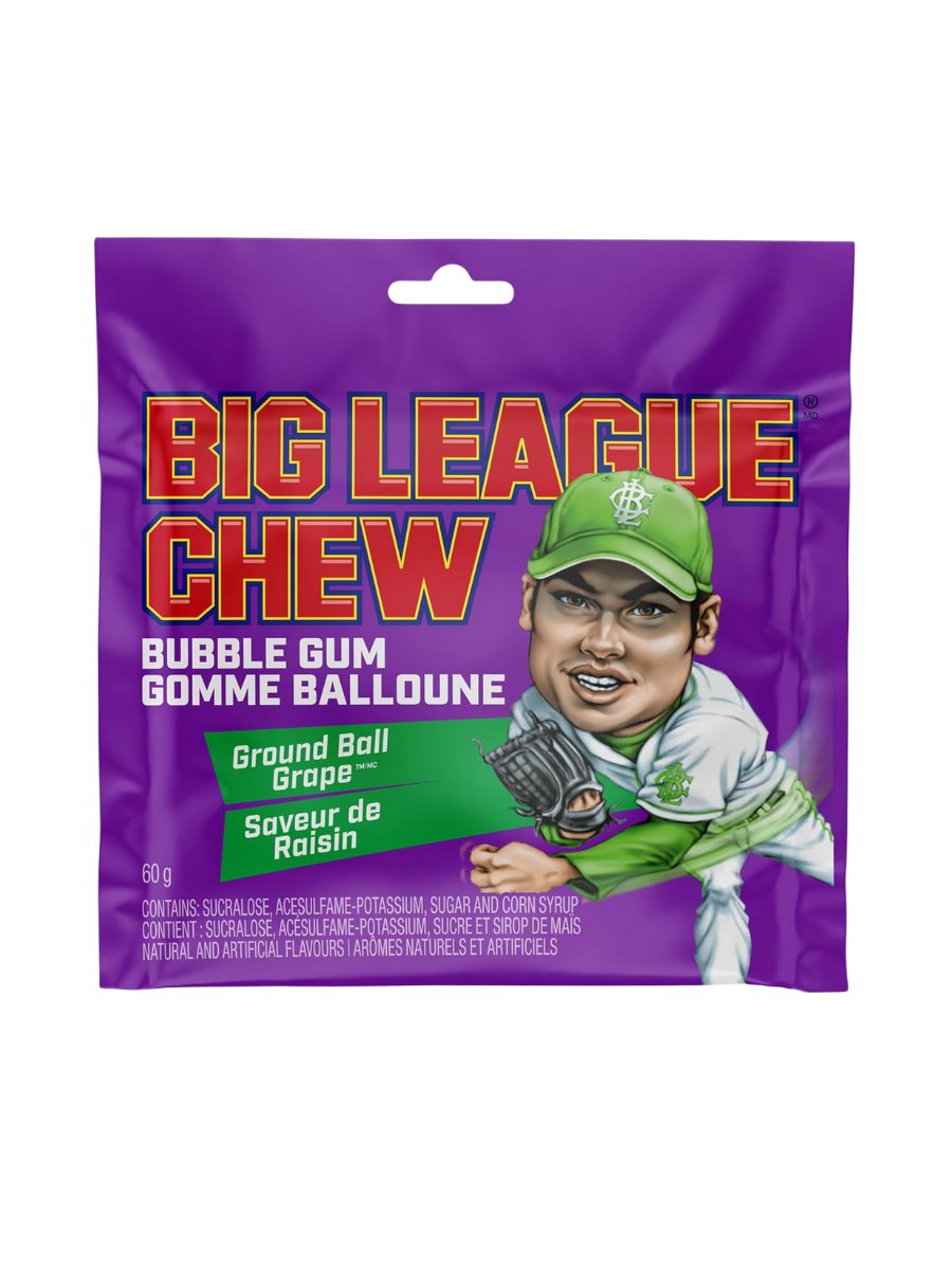 Big League Chew Bubble Gum, Shredded Bubblegum in a Stay Fresh Pouch, Soft Shredded Chewing Gum, Ground Ball Grape Flavour, 2.12oz Pouch, Pack of 12