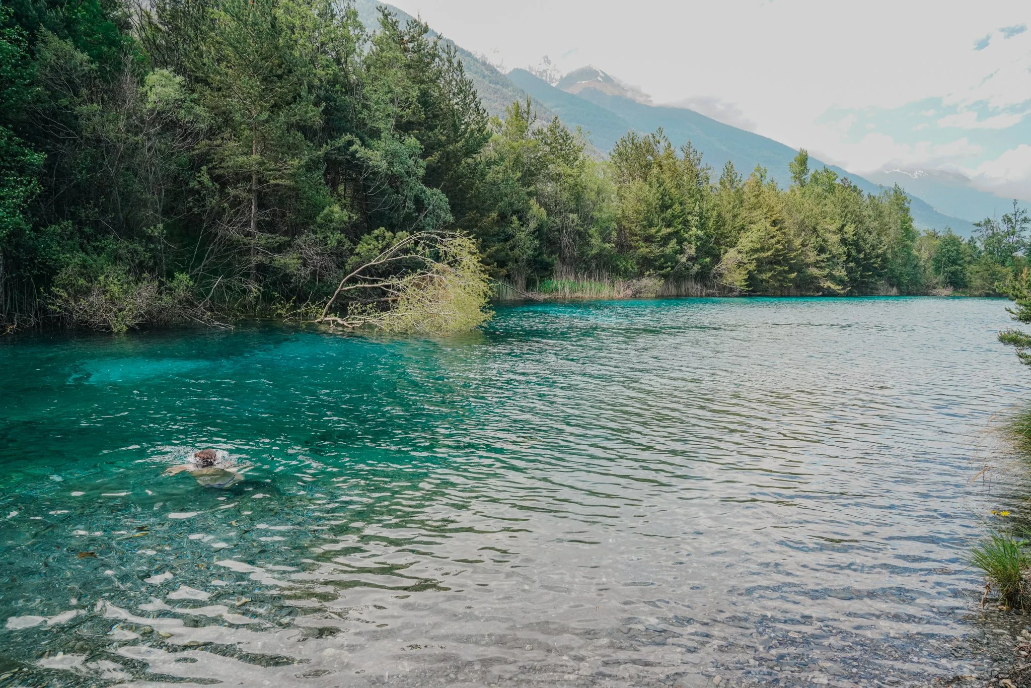Person swimming in a lake surrounded by forested mountains