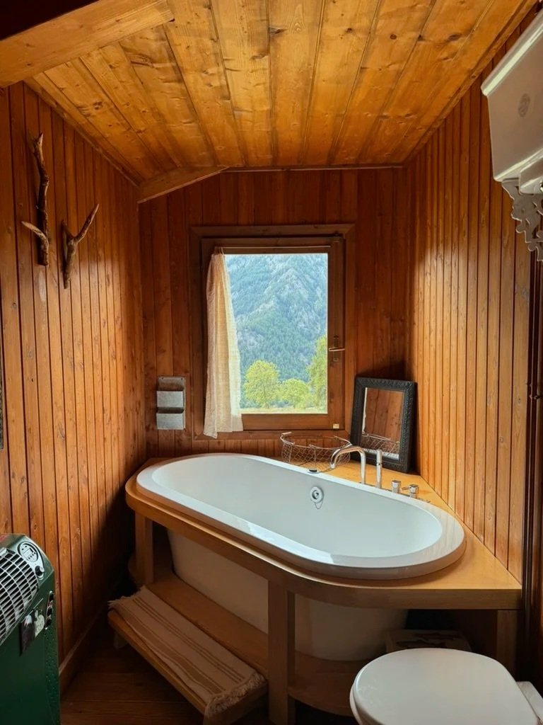 Wood-paneled bathroom with a bathtub, a window showing mountains and trees, and decorative elements.