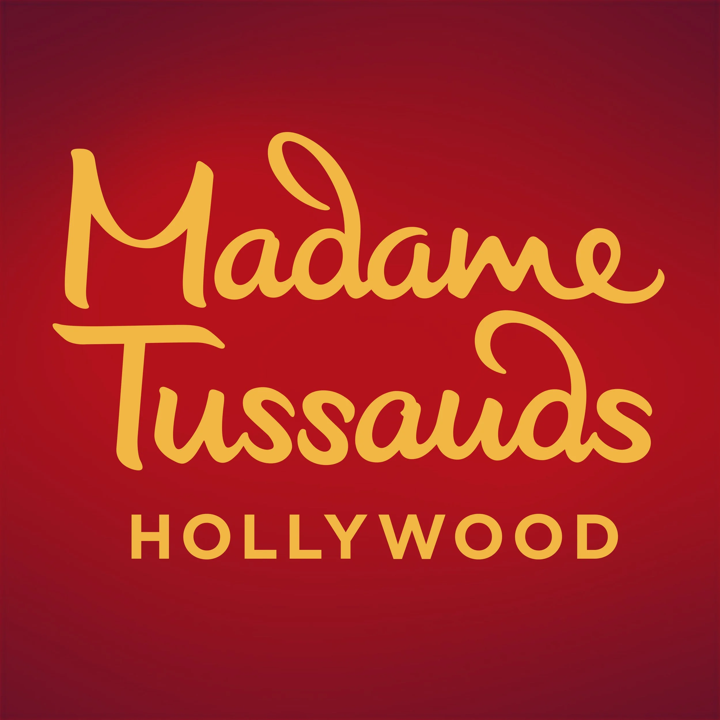 Logo for Madame Tussauds Hollywood with gold text on a red background.