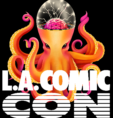 An illustration of an octopus with a brain inside its head, surrounded by electrical sparks, with text below that reads 'LA Comic Con'.