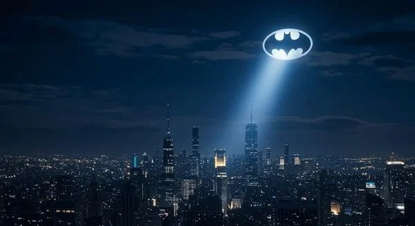 Nighttime city skyline with Batman logo spotlight in the sky.