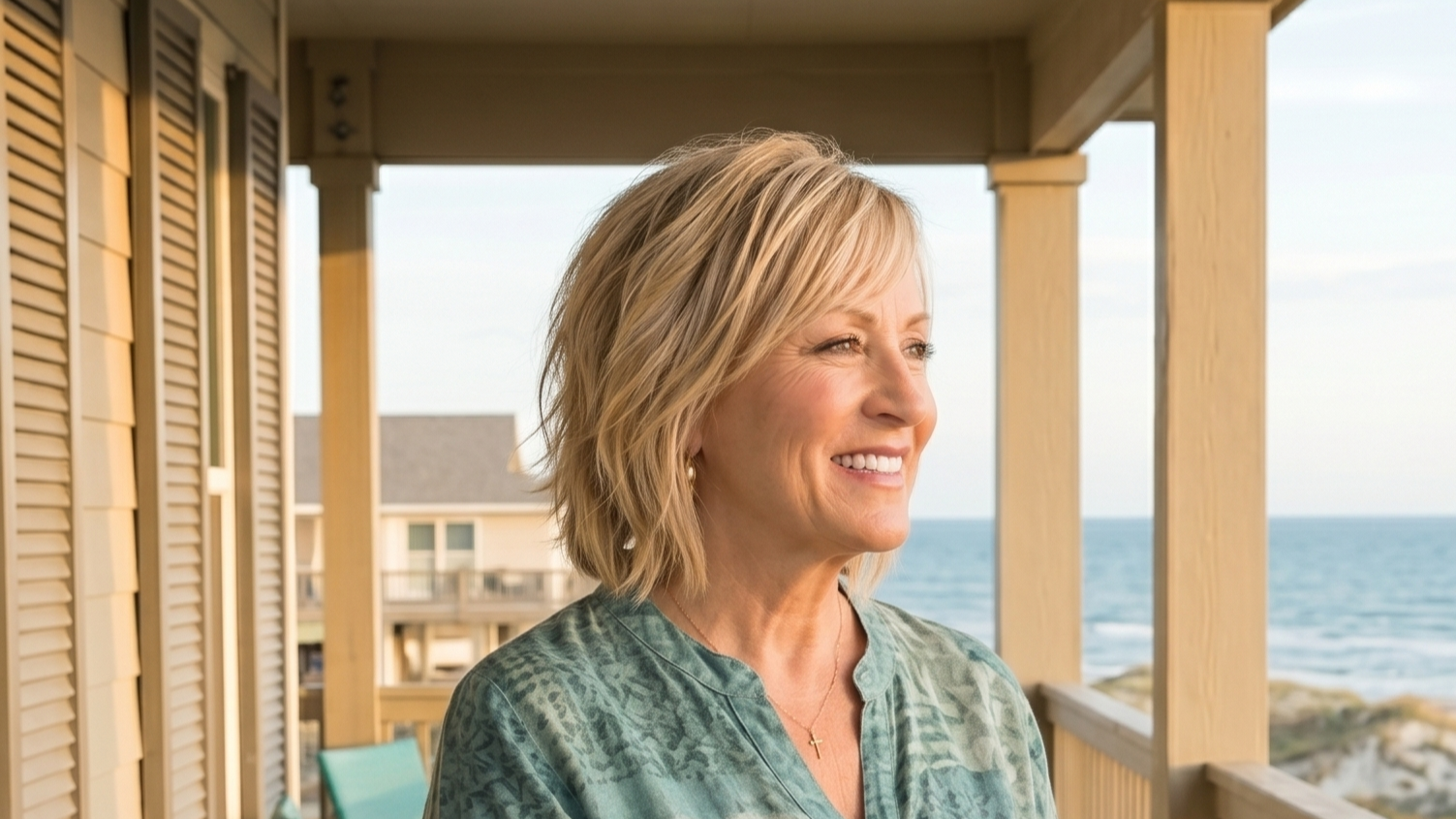A confident woman over 50 standing in front of a Texas home, representing real estate and life transitions support by Karen Hays