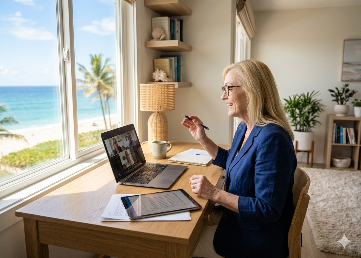 Karen Hays coaching women over 50 through life transitions from her Texas Gulf Coast home office