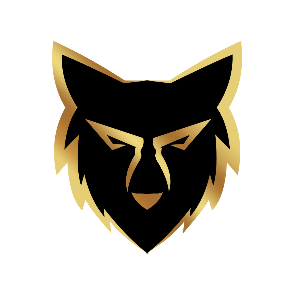 A stylized black and gold lion's head emblem with a fierce expression and sharp features.