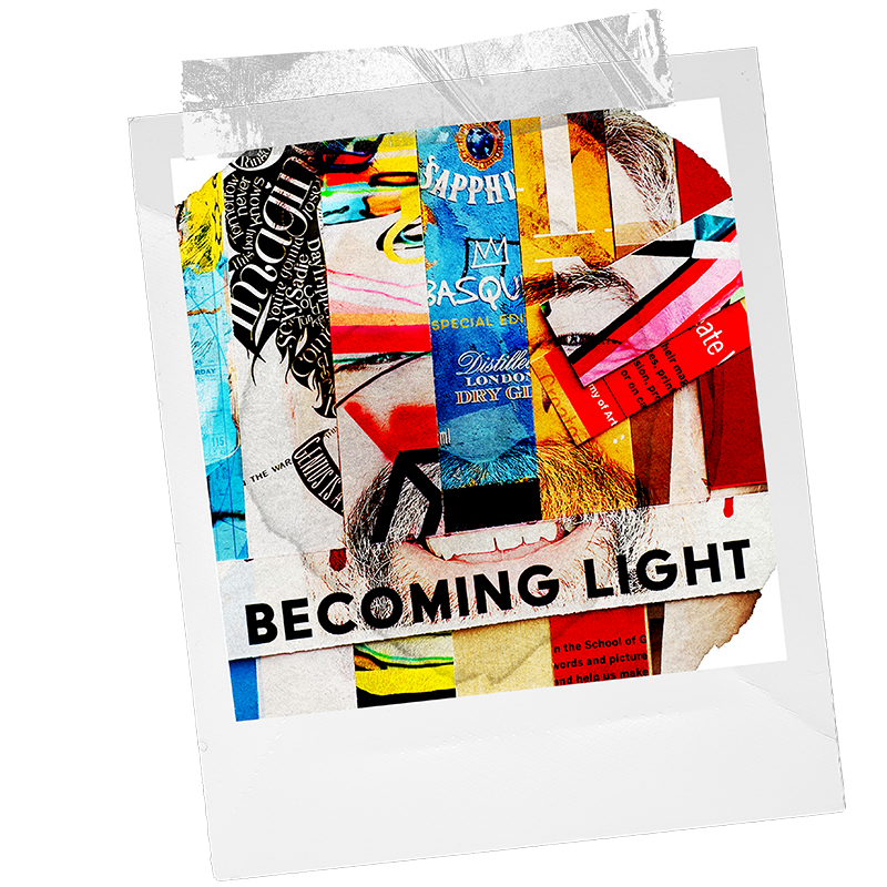 A collage-style book cover titled "BECOMING LIGHT" with layered torn magazine pages forming an abstract background, partially covering a face illustration.