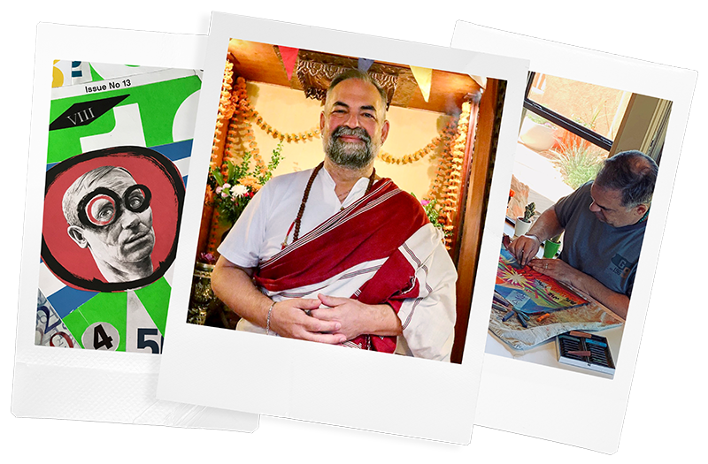 A collage of three photos featuring Ericson Proper in art mode, as kalyanamitra (buddhist teacher), and one of his intuitive collages.