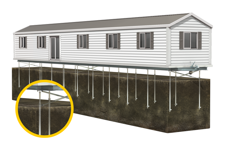 A house on stilts above the ground with supporting poles underneath to elevate it and foundation posts shown in a close-up detail.