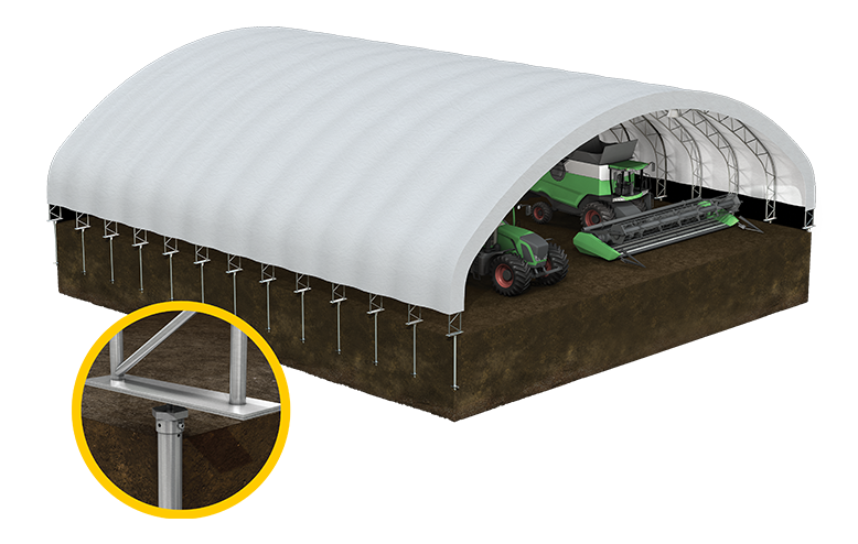Agricultural tent anchoring system with helical screw piles in WNY.