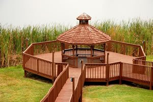 Wooden gazebo on a raised deck surrounded by grassy area and tall reeds in the background.