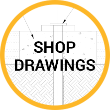Circular sign with the words 'Shop Drawings' inside
