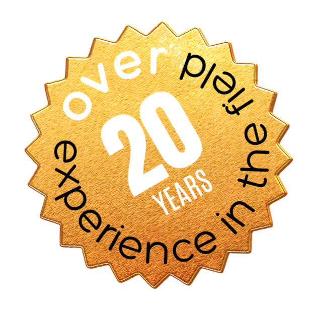 Gold badge celebrating 20 years of experience in the field.