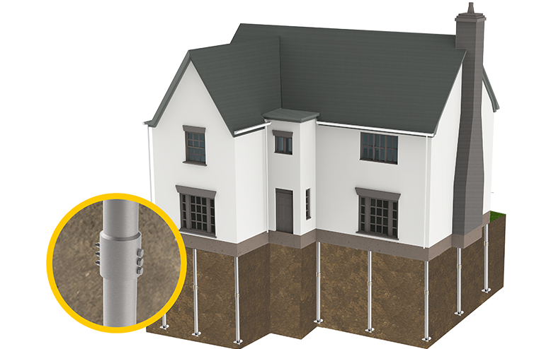 A 3D model of a house on stilts with a close-up of a metal pile used for foundation support.