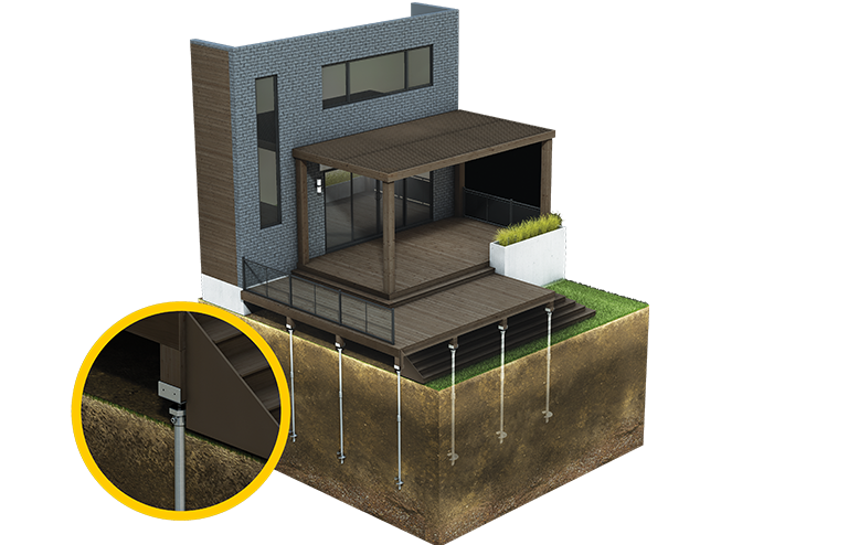 3D model of a modern two-story house with a wooden balcony and foundation supports.