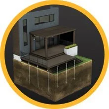 Cross-section of a modern house showing the exterior, interior, and foundation.