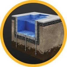 Cutaway illustration of a pool with blue water, showing the pool's structure, insulation, and surrounding concrete