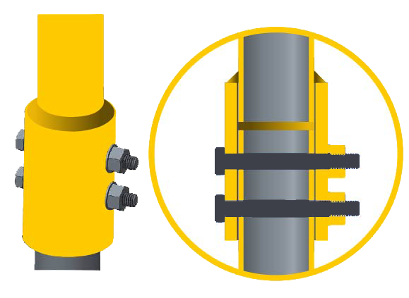 Diagram of a yellow clamp attached to a metal pole with bolts.