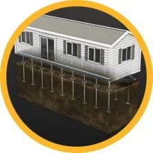 A house with a porch on stilts, surrounded by a circular yellow border.