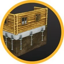 Illustration of a building foundation with adjustable supports beneath it.