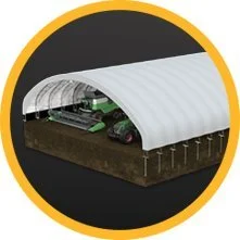 Indoor farm with a curved white structure and greenery inside