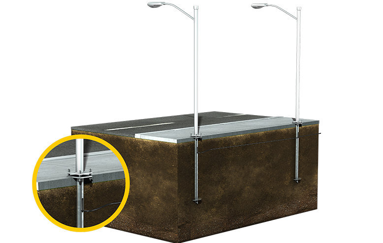 Close-up of a concrete barrier with metal poles and street light fixtures attached, part of a sidewalk or outdoor area.