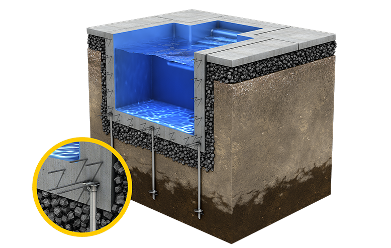 A cross-sectional diagram of a small swimming pool foundation stabilization using screw piles in Buffalo NY.