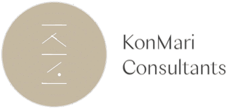 The image features a logo with three stylized Japanese characters inside a beige circle, next to the text 'KonMari Consultants' in black.
